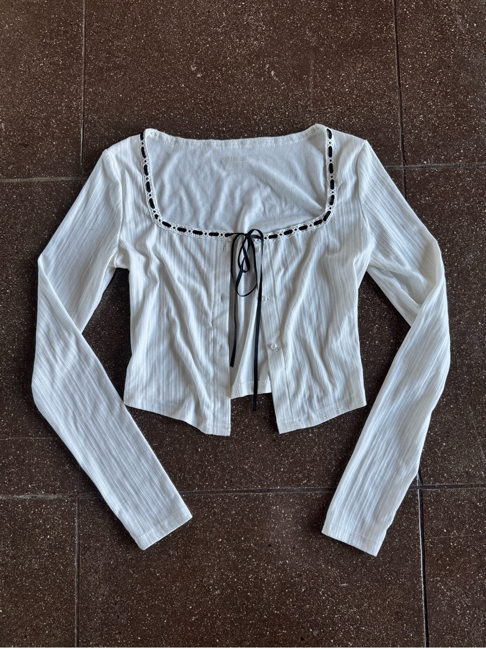 White Long-Sleeve Square Neck Tie-Front Button Shirt